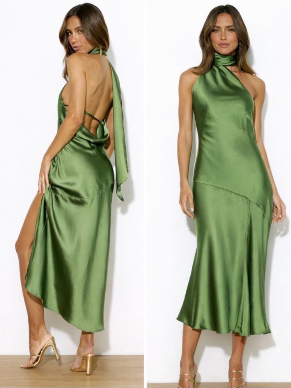 Olive Green Satin Halter Backless Midi Dress